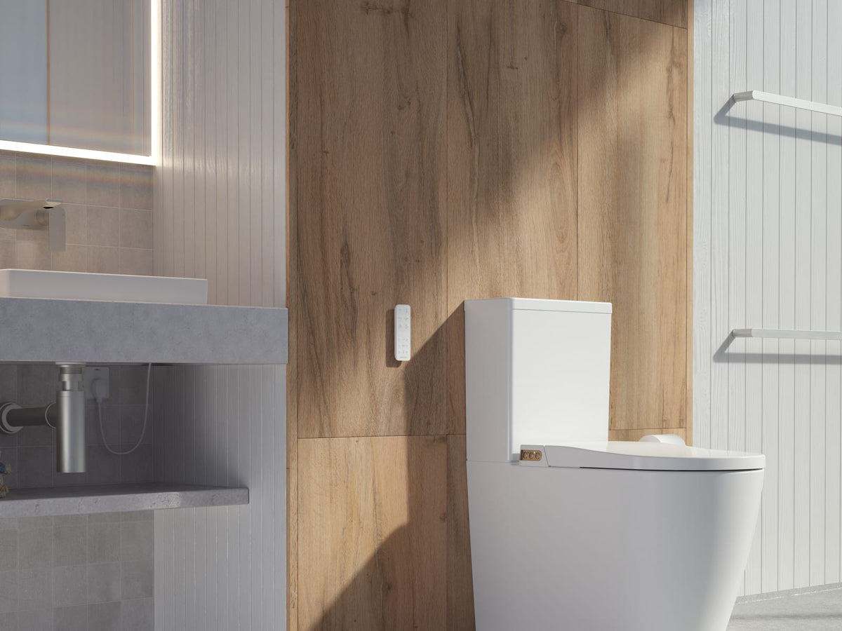 Wall hung bidet suite beside a timber vanity