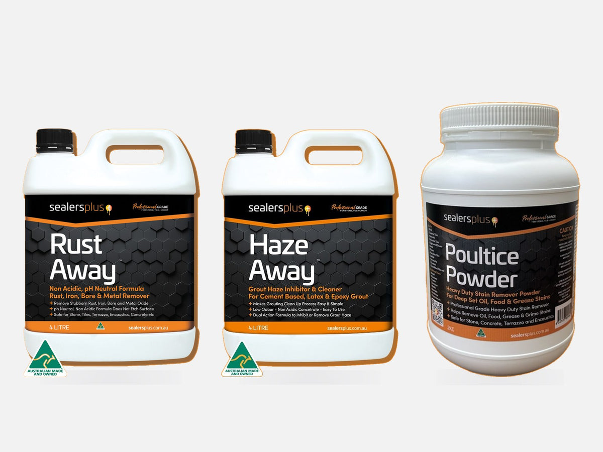 Stain and grout haze removers - Rust Away, Haze Away and Poultice Powder by Sealers Plus