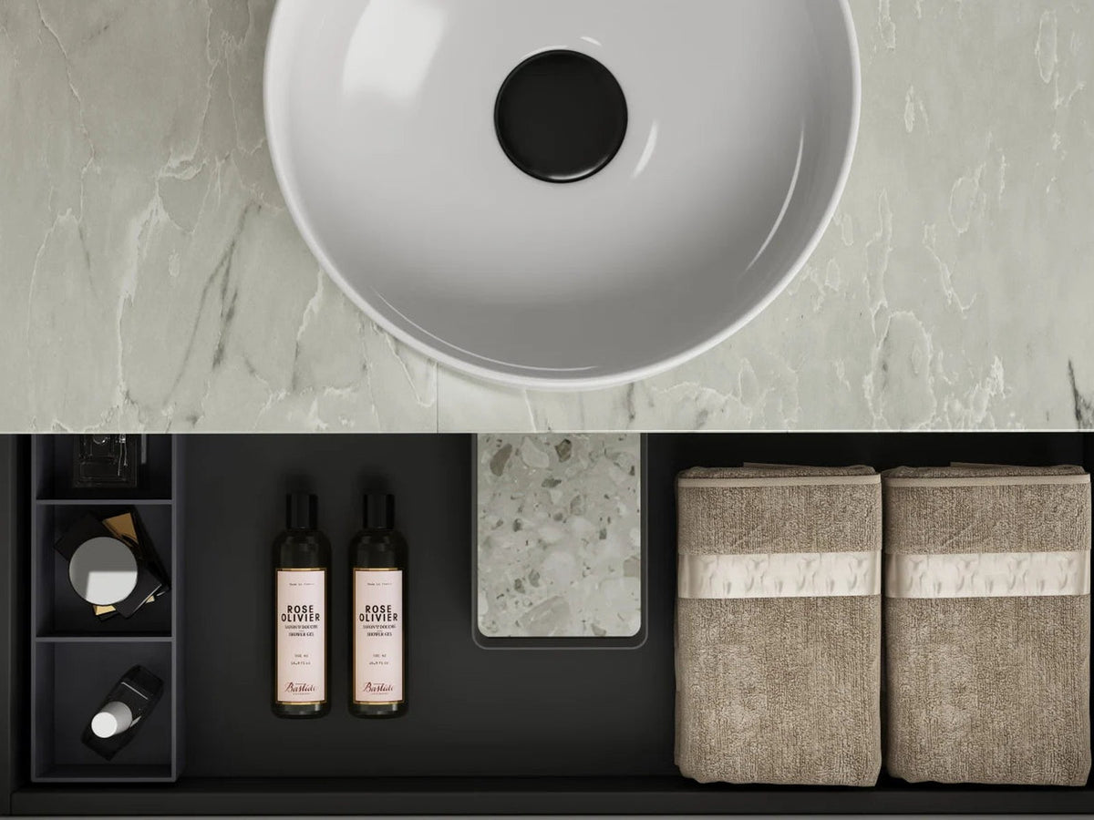 Vanity package with stone top, basin and styled accessories