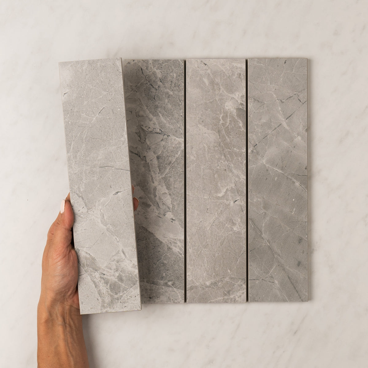 Tundra Marble Look Subway Tile 75x300mm in Blue, Matt finish