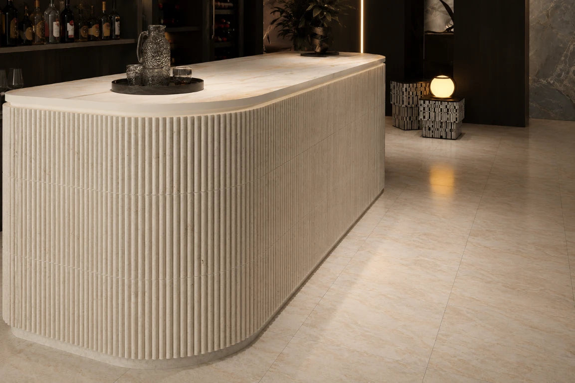 3D Flute Marble Mosaic | Honed Natural Stone Feature Mosaic in Calacatta & Travertine