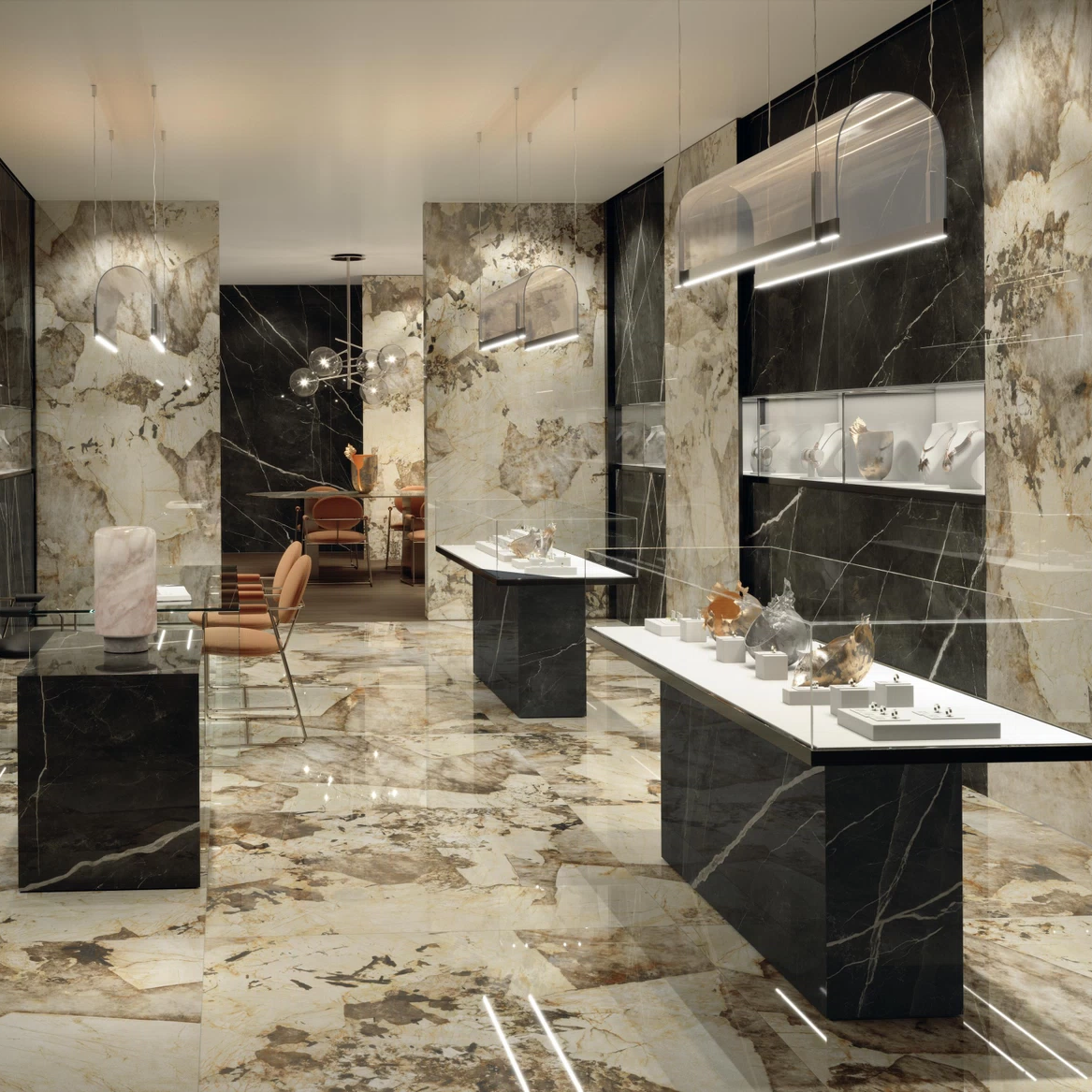Marvel Gala Italian Porcelain Tile in Exotic Green, Amazzonite, Calacatta Black, Desert Soul & Crystal White, Lappato finish