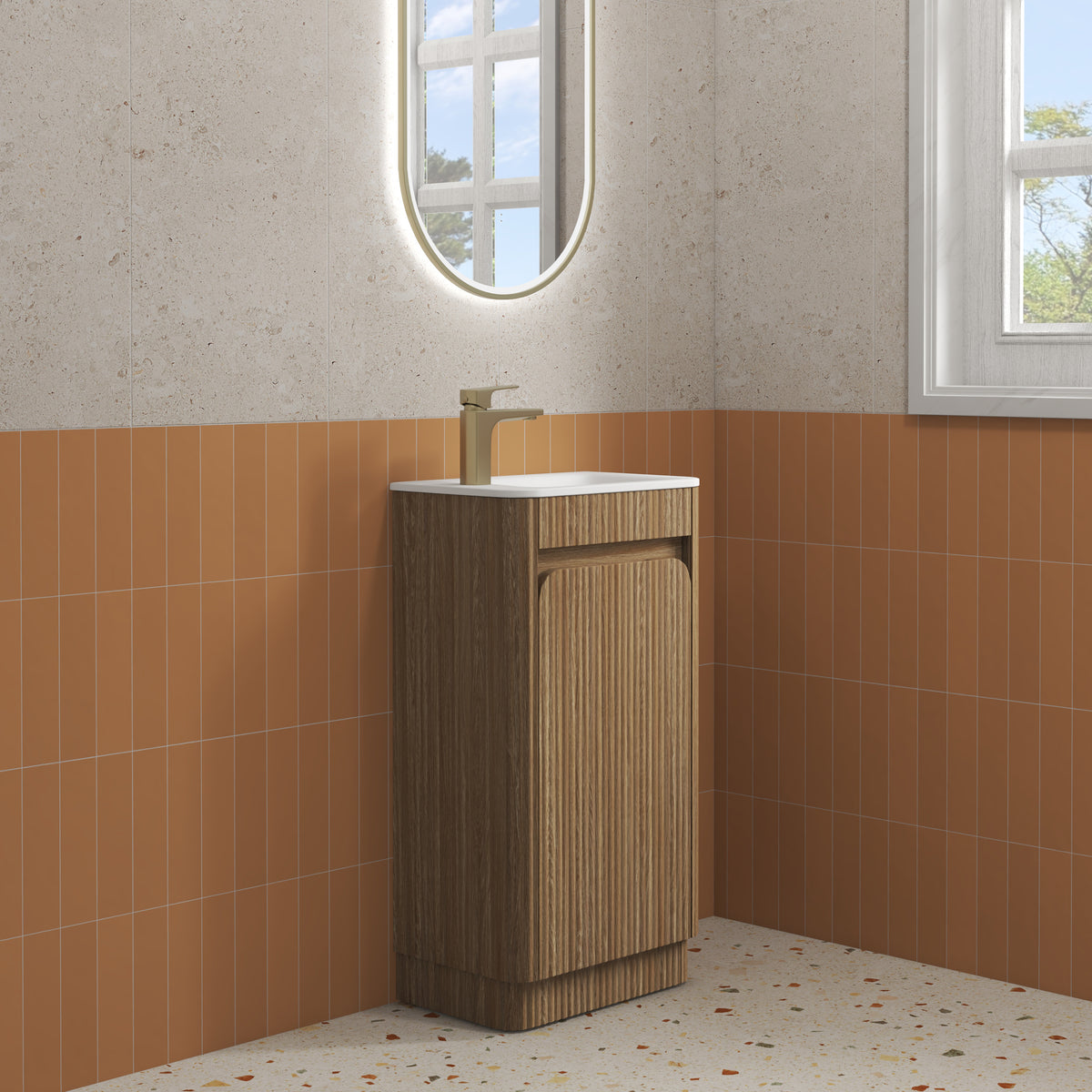 Aulic Mini Hartelle Fluted Floor Standing Vanity 470mm - Harvest Oak | Aulic