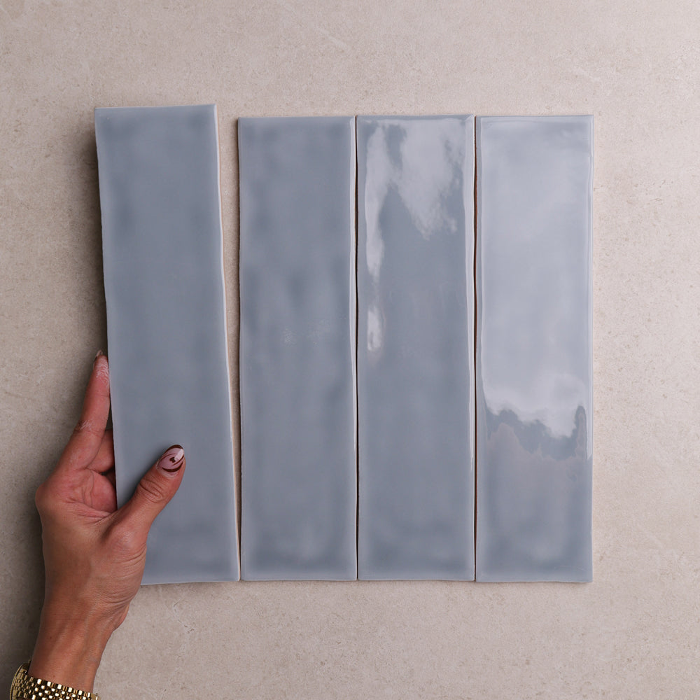 Aura Series Ceramic Wall Tile 75×300 mm in Sky, Gloss finish