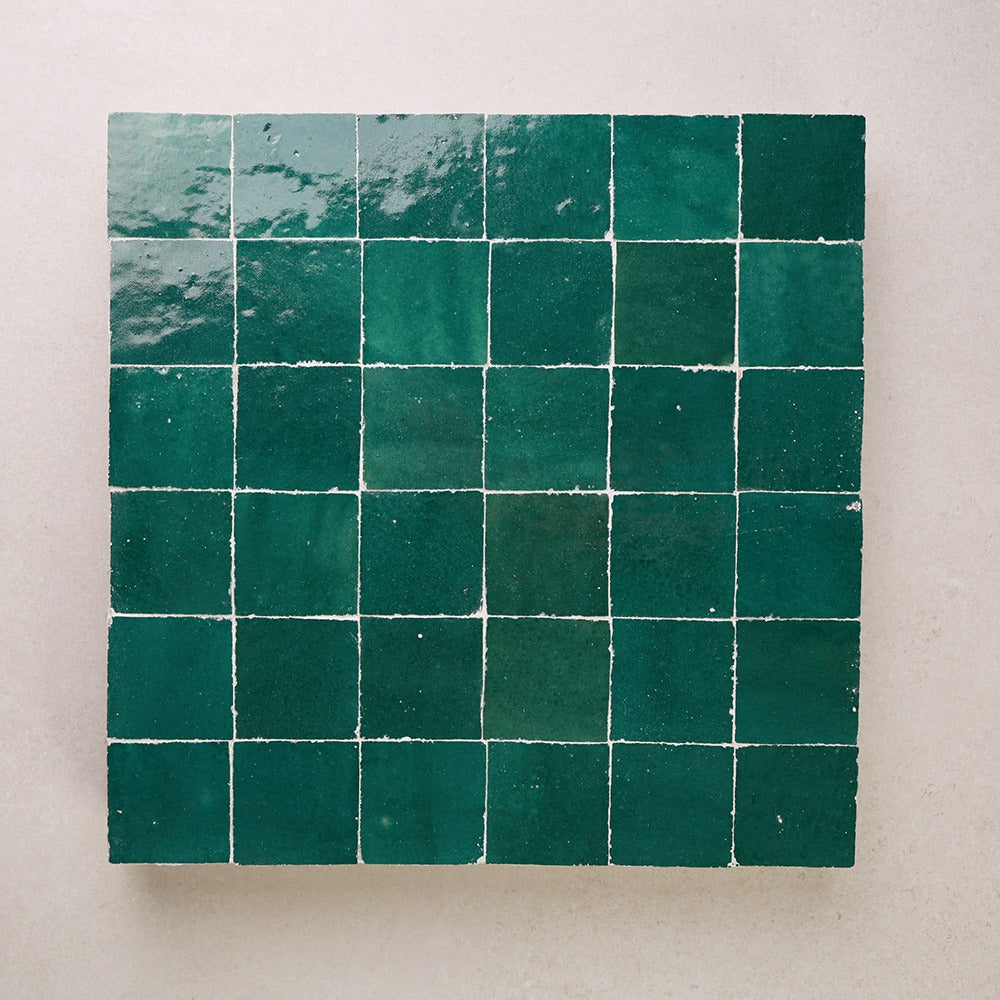 Zellige Square 50 x 50 mm Moroccan Handmade Tiles in Green, Glazed finish