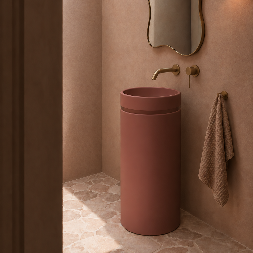 Nood Co Cylinder Bowl Two Tone Concrete Basin, installed in a finished bathroom
