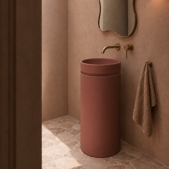 Nood Co Cylinder Bowl Two Tone Concrete Basin, installed in a finished bathroom