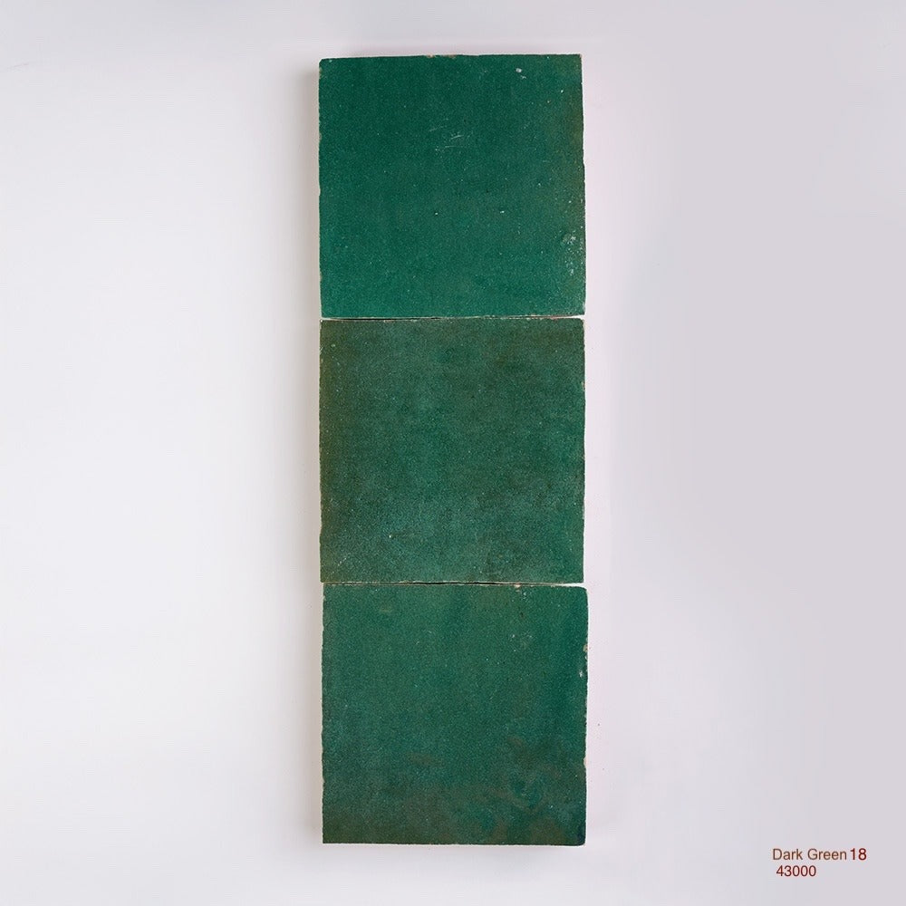 Zellige Moroccan Square Handmade Tiles in Dark Green, Glazed finish