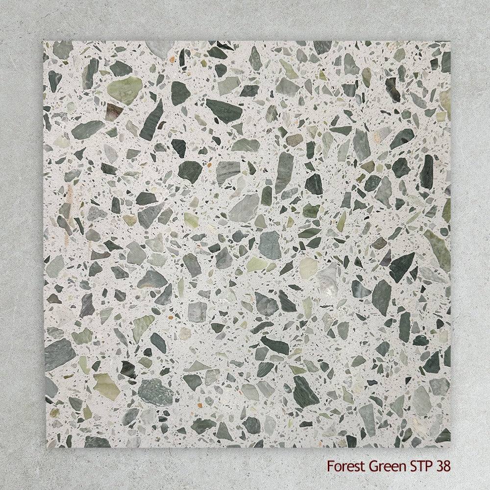 Terrazzo Architectural Range Natural Stone Tile in Forest Green Coarse, Leather finish