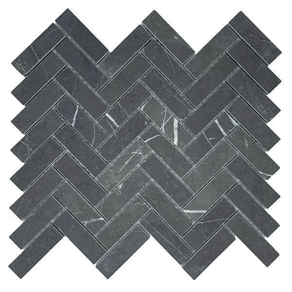 Herringbone Pietra Grey Marble Mosaic in charcoal, Honed finish