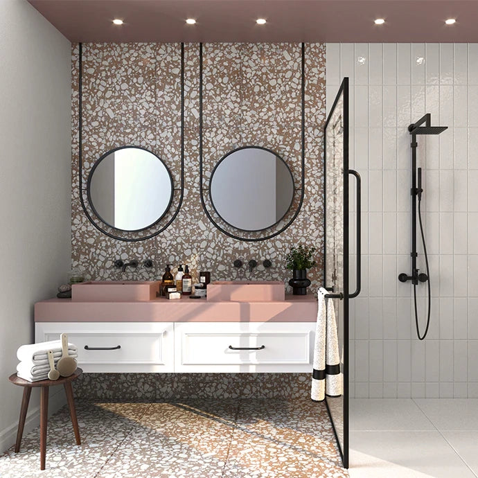 Terrazzo Architectural Range Natural Stone Tile in Navy Blue, Gem Onyx, Ivy Onyx, Black Forest, Creama Lantana, Calla Onyx, Grigio Ocra, Coarse Grain Black, Baby Blue, Valenza Gold, Forest Pink, Rosa Carlo, Blush Pink, Forest Green Coarse, Forest Green, Soft Pink, Sage Green, Coarse Grain White & Fine Grain White, Honed, Leather & Polished finish