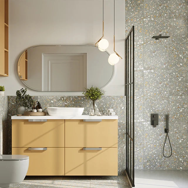 Terrazzo Architectural Range Natural Stone Tile in Navy Blue, Gem Onyx, Ivy Onyx, Black Forest, Creama Lantana, Calla Onyx, Grigio Ocra, Coarse Grain Black, Baby Blue, Valenza Gold, Forest Pink, Rosa Carlo, Blush Pink, Forest Green Coarse, Forest Green, Soft Pink, Sage Green, Coarse Grain White & Fine Grain White, Honed, Leather & Polished finish