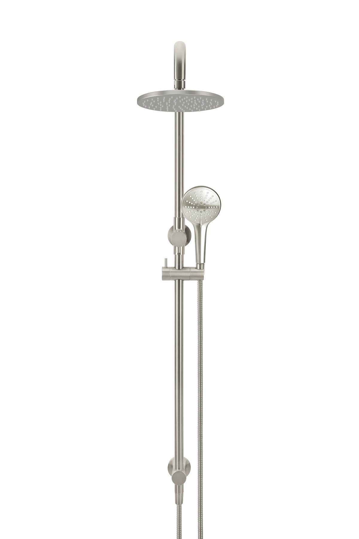 Round Combination Shower Rail 200mm Rose, Three Function Hand Shower in Brushed Nickel | Meir
