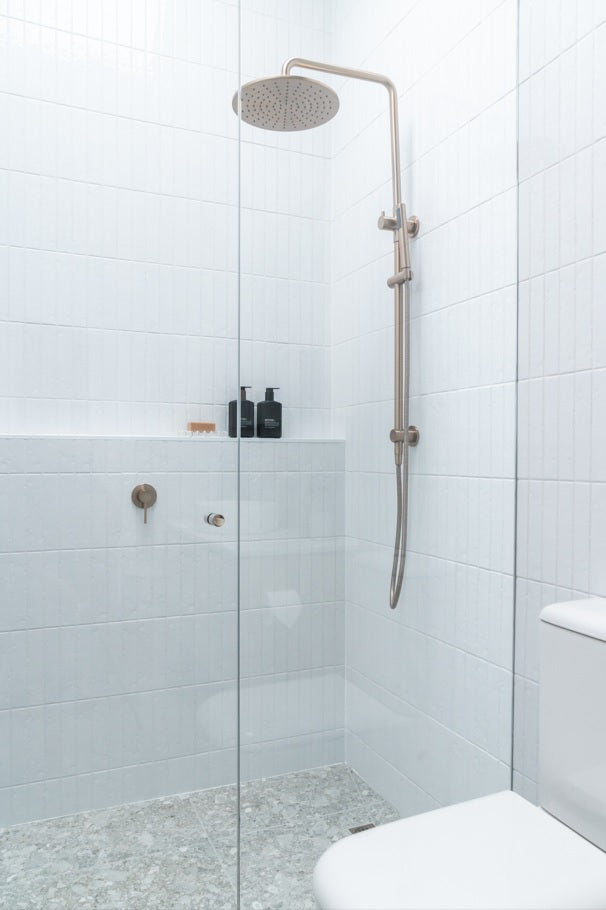 Round Combination Shower Rail, 300mm Rose, Single Function Hand Shower in Champagne | Meir