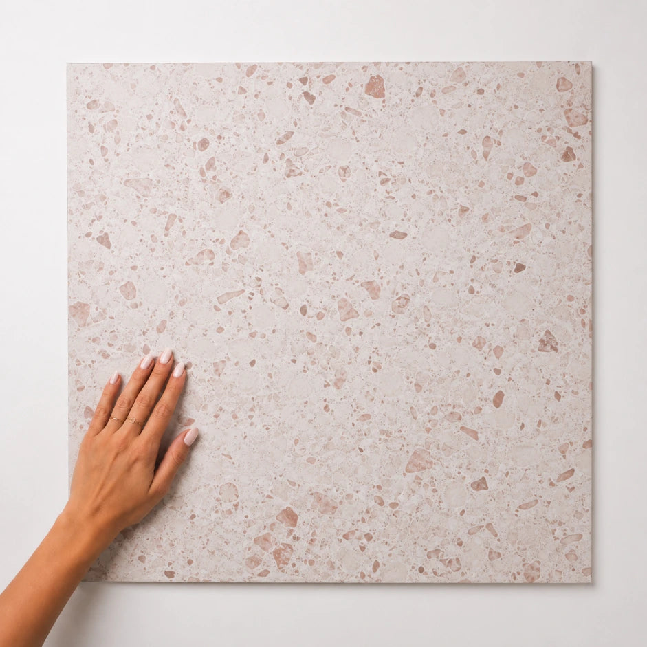 Terrazzo Rosso Crema porcelain tile swatch | Serano Surfaces