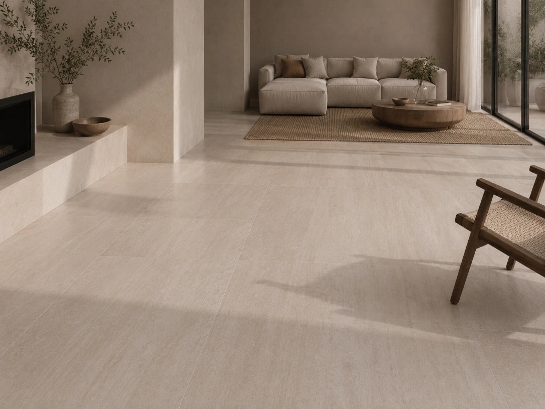 Travertine Bianco Veincut Porcelain Floor and Wall Tile in White, Matt finish