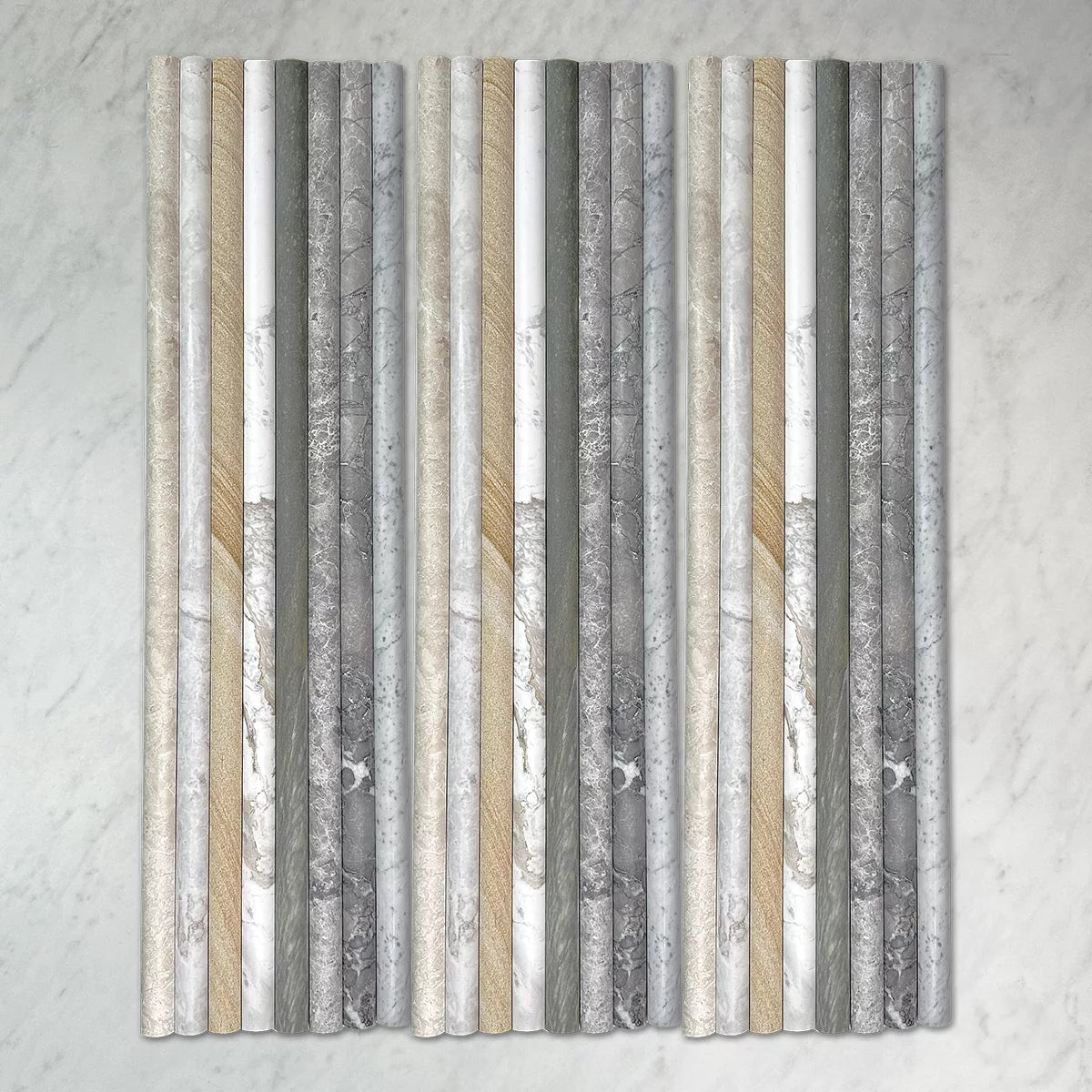 Convex Natural Stone Flutes in Sparta, Australian Sandstone, Carrara, Grigio, Volacas, Ocean Blue & Willow Green, Honed finish