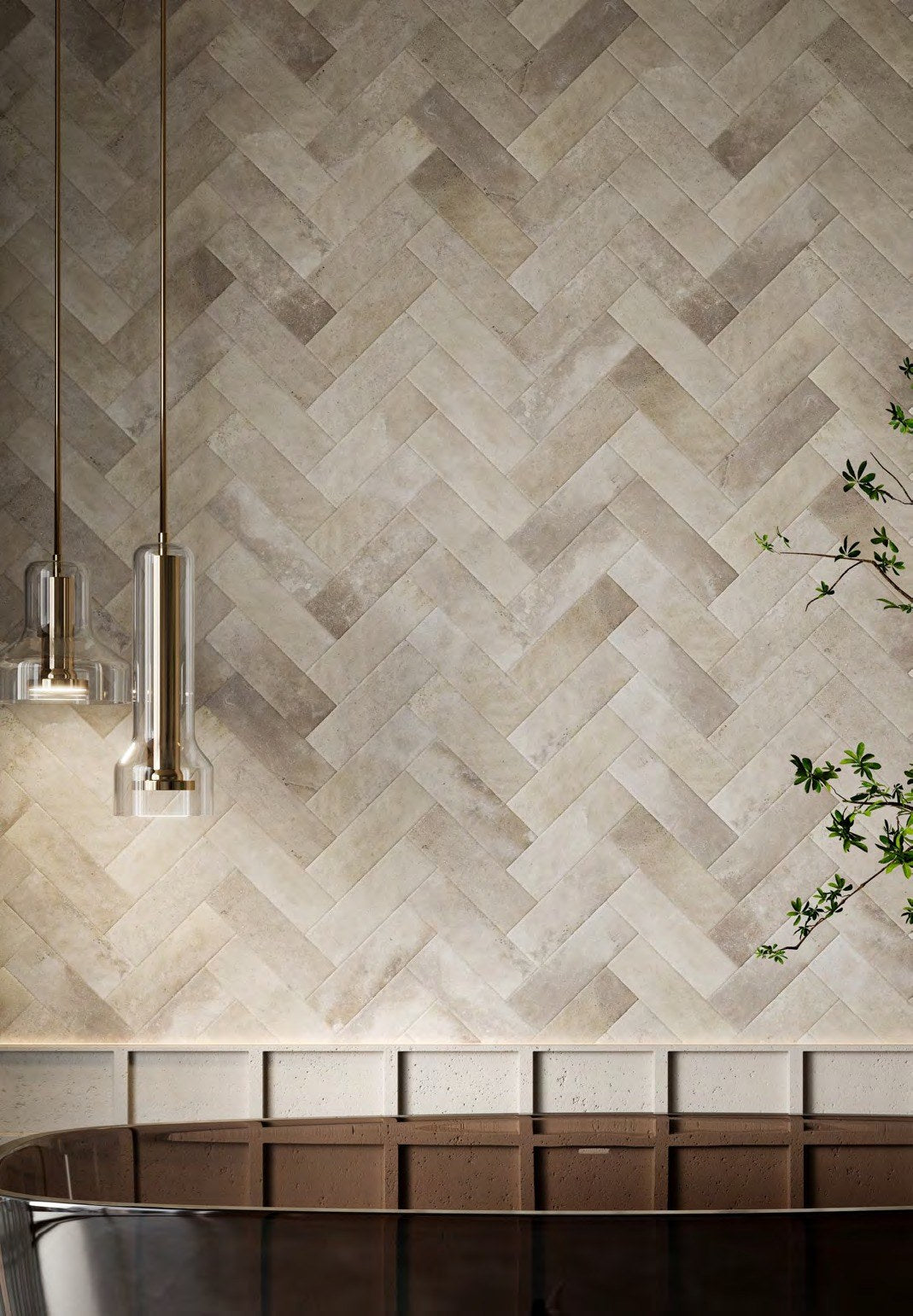 Arizona Sand 75 x 230 strips in herringbone behind a bath (supplier render)