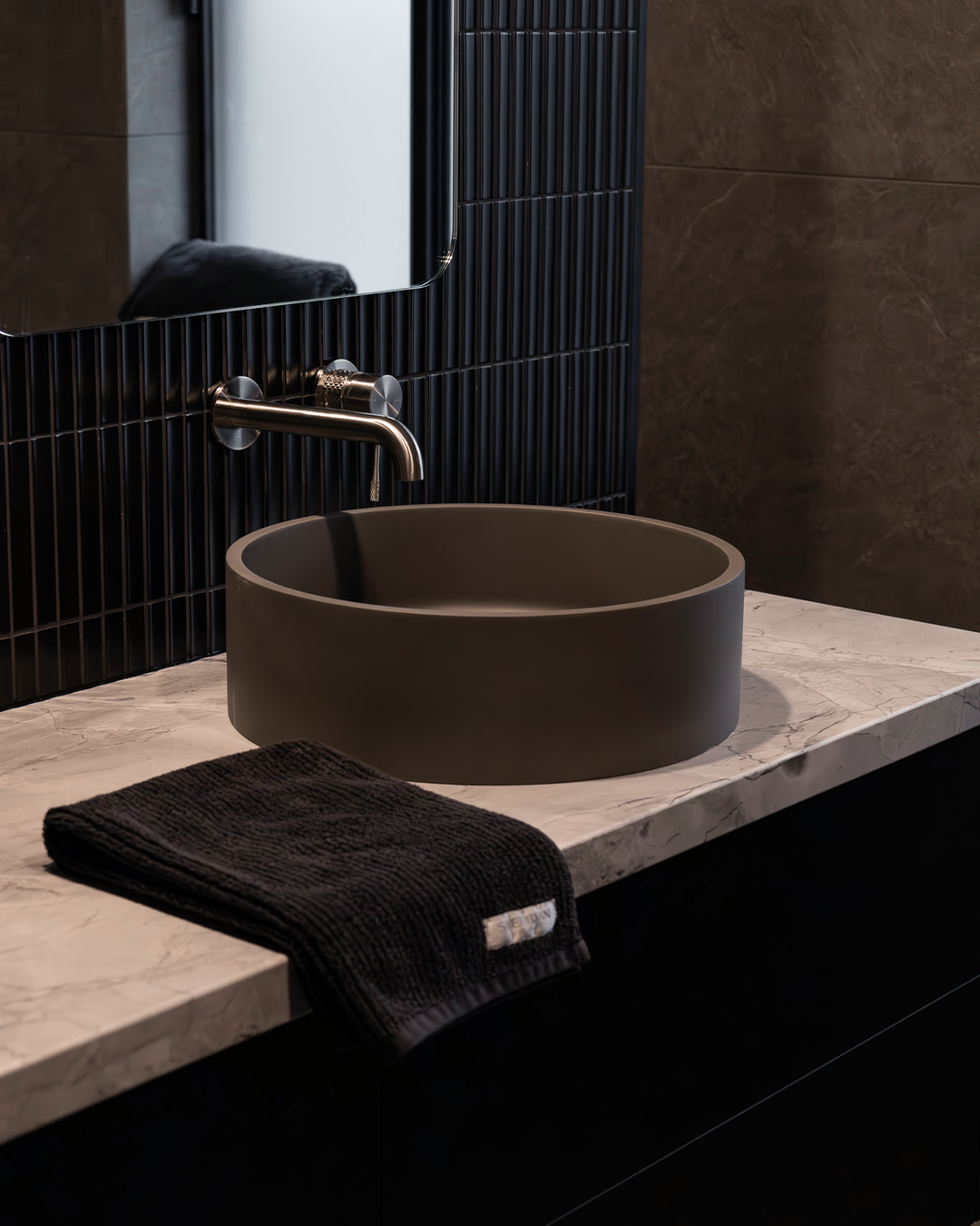 Nood Co Hoop Concrete Basin in Mid Tone Grey, installed in a finished bathroom