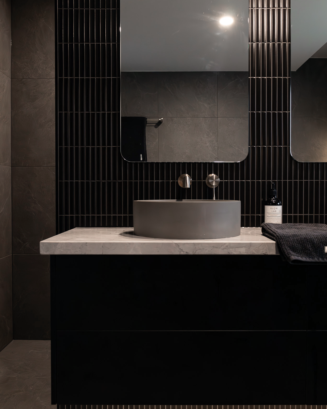 Nood Co Hoop Concrete Basin in Mid Tone Grey, installed in a finished bathroom