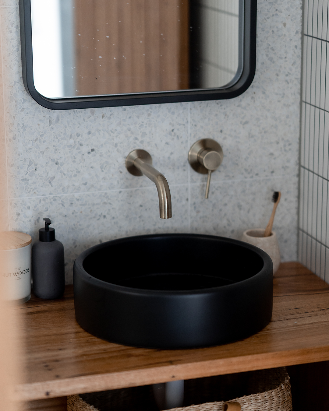 Nood Co Bowl Concrete Basin installed in a finished bathroom (2)