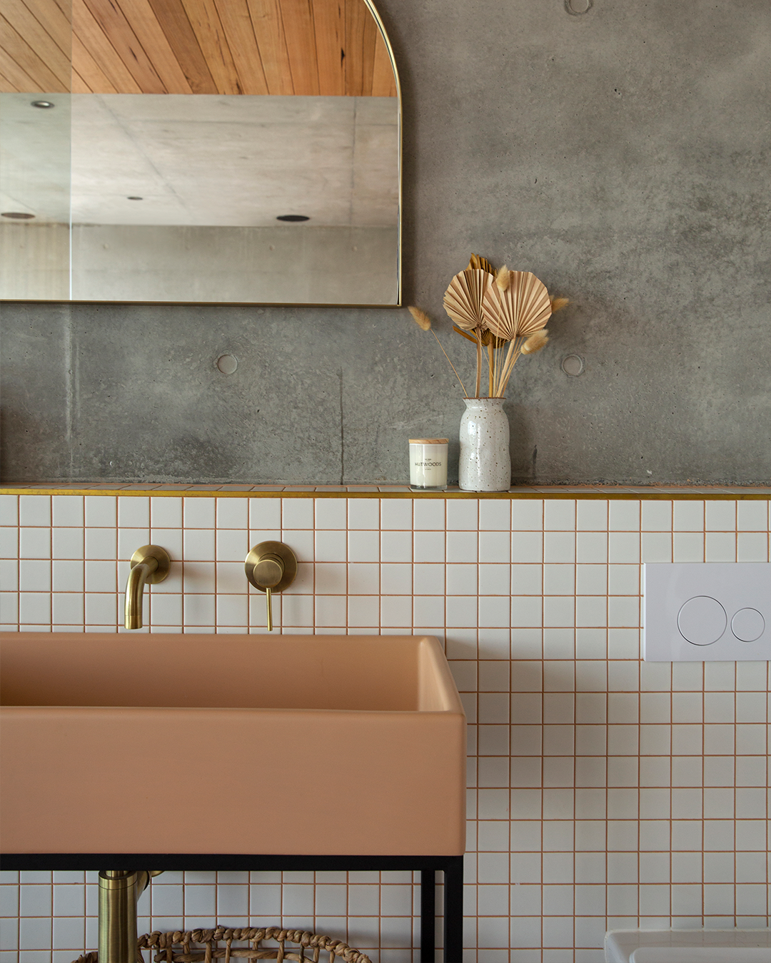 Nood Co Box Concrete Basin in Pastel Peach, installed in a finished bathroom (4)