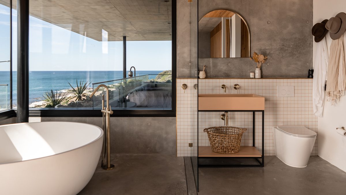 Nood Co Box Concrete Basin in Pastel Peach, installed in a finished bathroom (5)