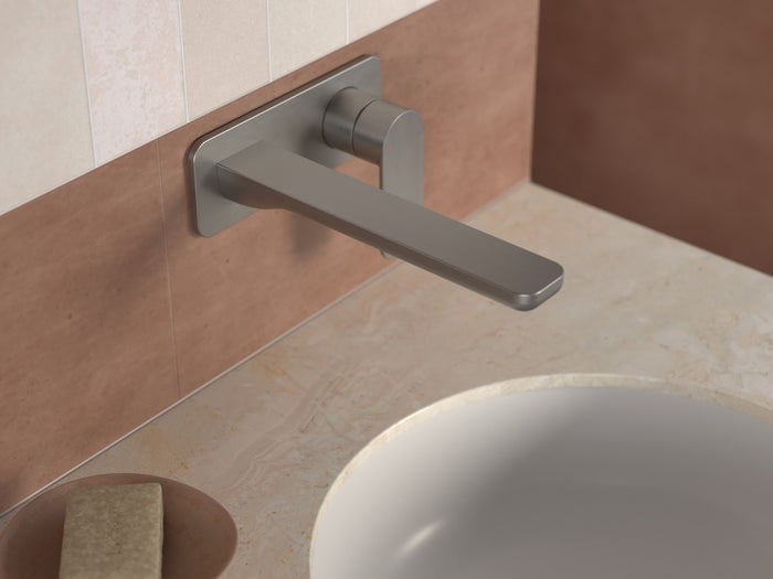 Urbane II 180mm Wall Basin/Bath Mixer - Rectangular Cover Plate in Brushed Nickel | Caroma #Colour_Brushed Nickel