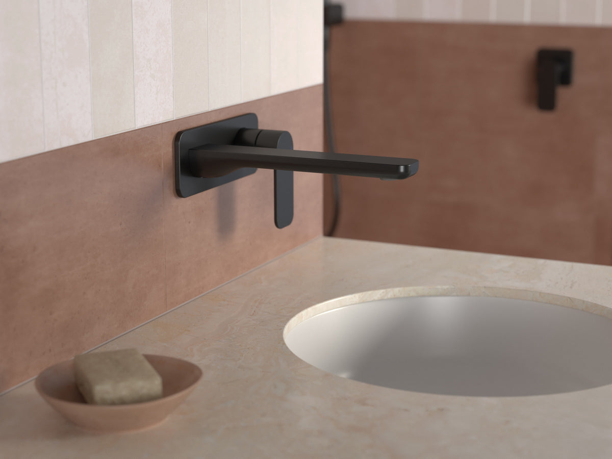 Urbane II 180mm Wall Basin/Bath Trim Kit - Rectangular Cover Plate in Matte Black | Caroma