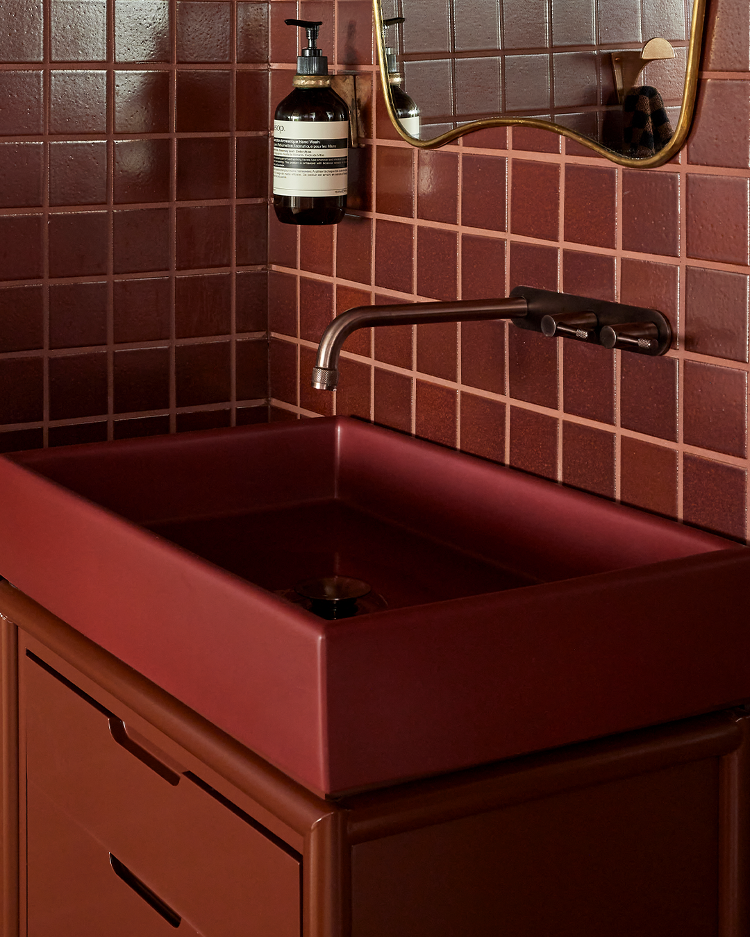 Nood Co Box Concrete Basin in Clay, installed in a finished bathroom (2)