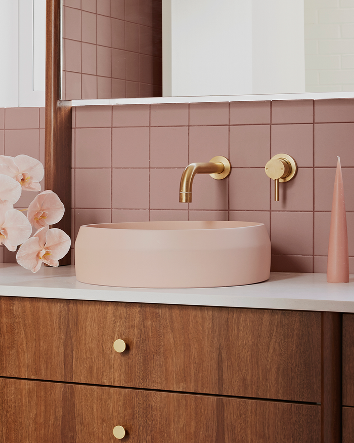 Nood Co Prism Circle Concrete Basin, installed in a finished bathroom