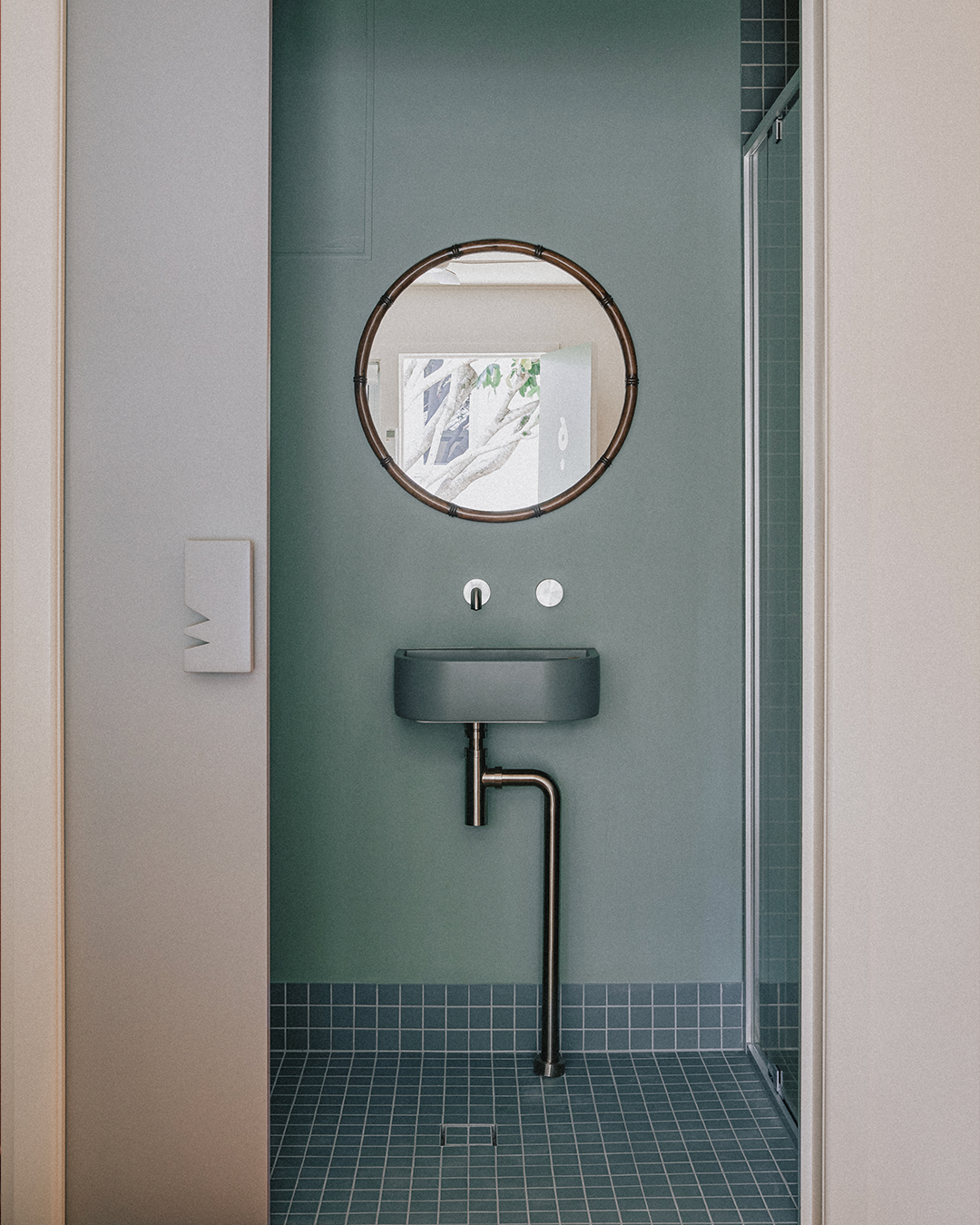 Nood Co Loop 01 Concrete Basin in Rowboat, installed in a finished bathroom