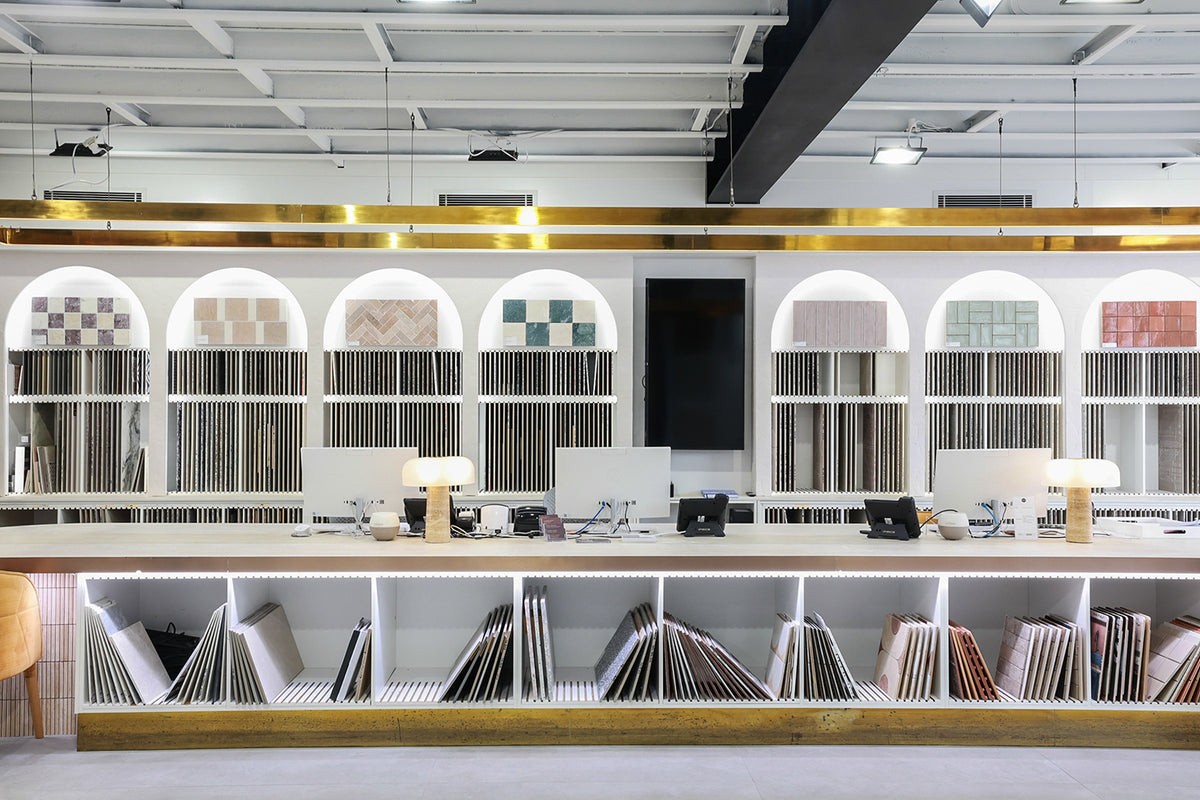 Design Tiles showroom in Rockdale, Sydney, displaying Italian porcelain and natural stone tiles