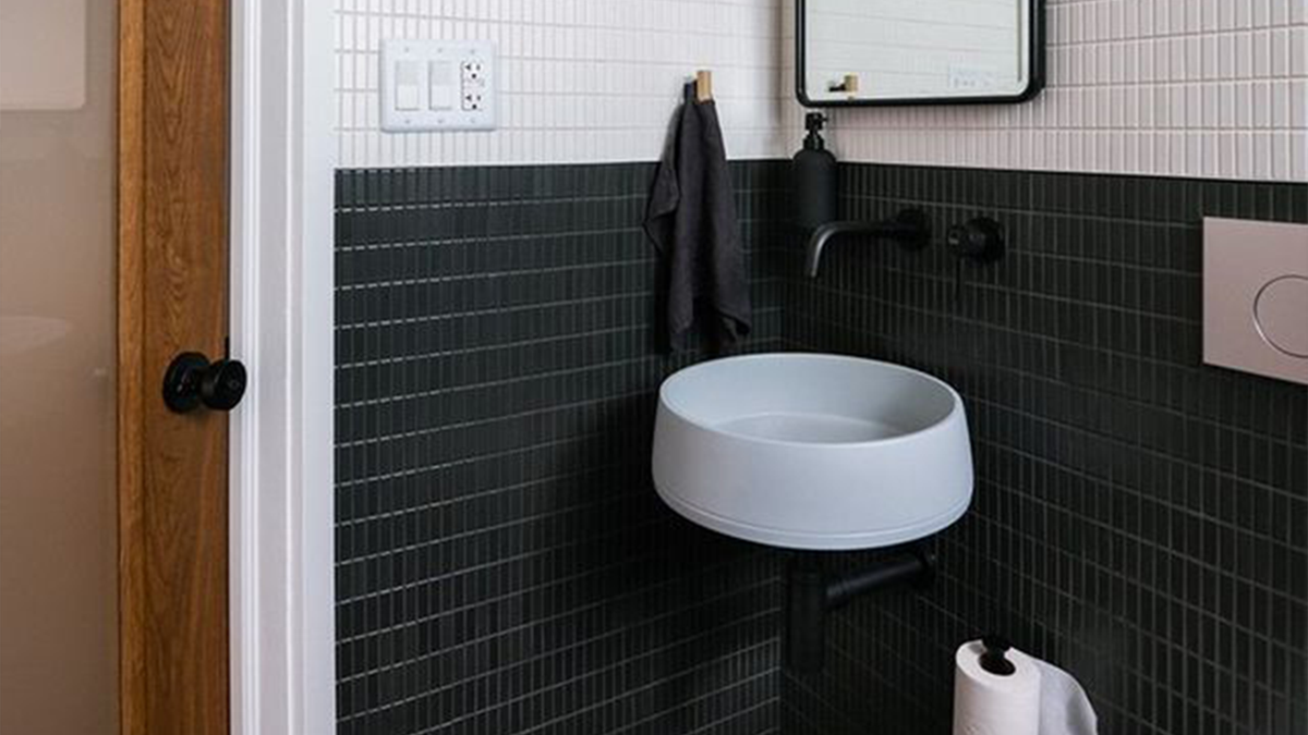 Nood Co Funl Concrete Basin in Powder Blue, installed in a finished bathroom