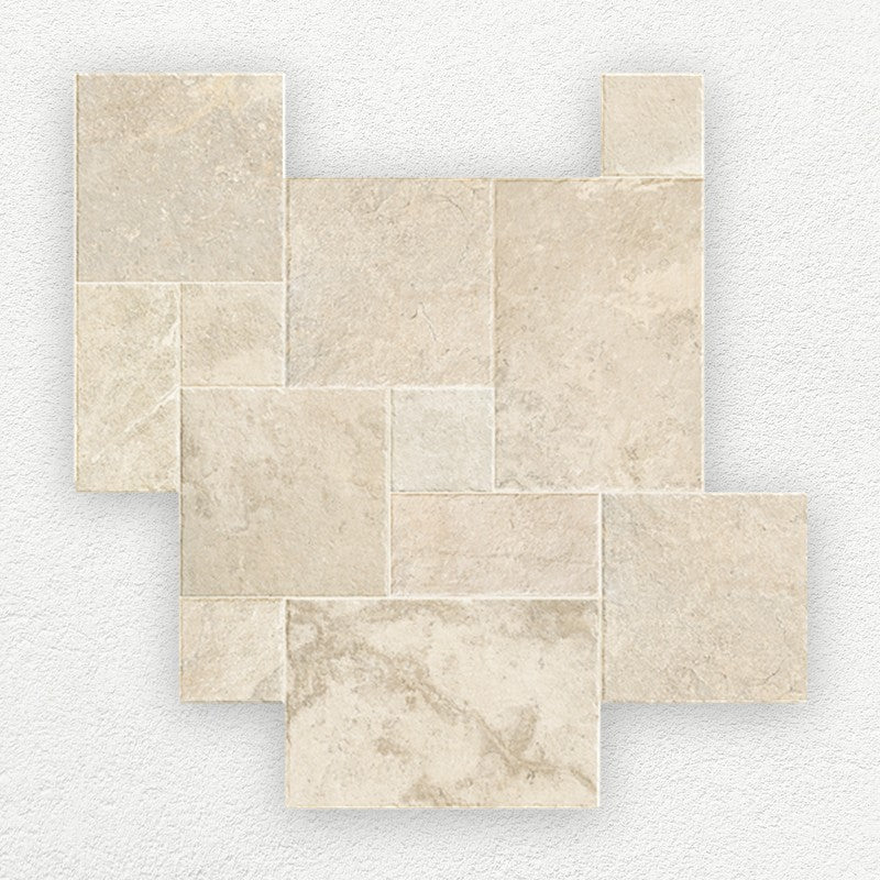 French Limestone Ivory porcelain tile in a French Pattern layout
