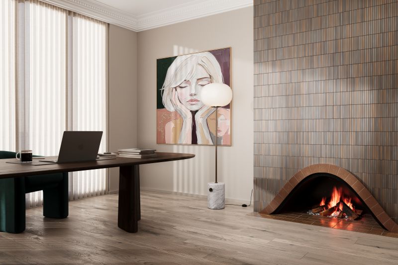 Meto Iron Mix pencil mosaic wall beside a fireplace