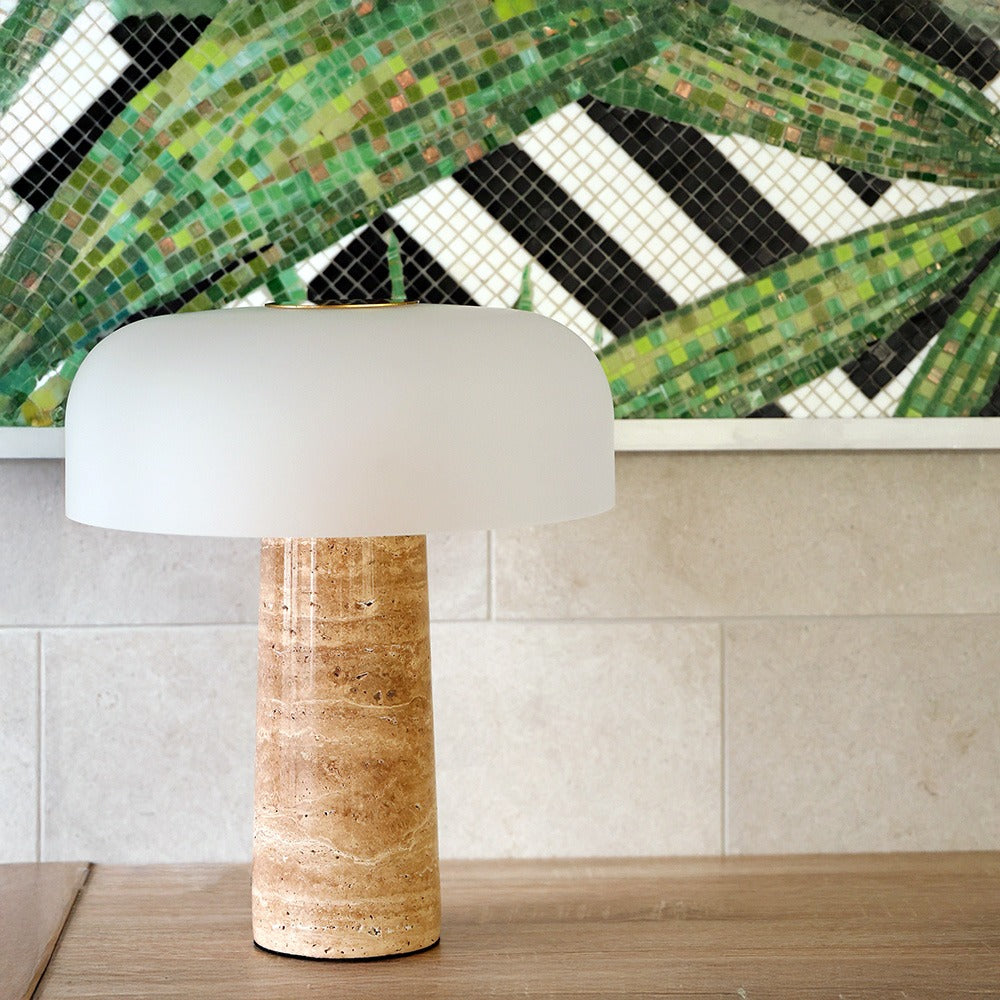 Lunara Tarvern Table Lamp in Travertine and Brass Gold