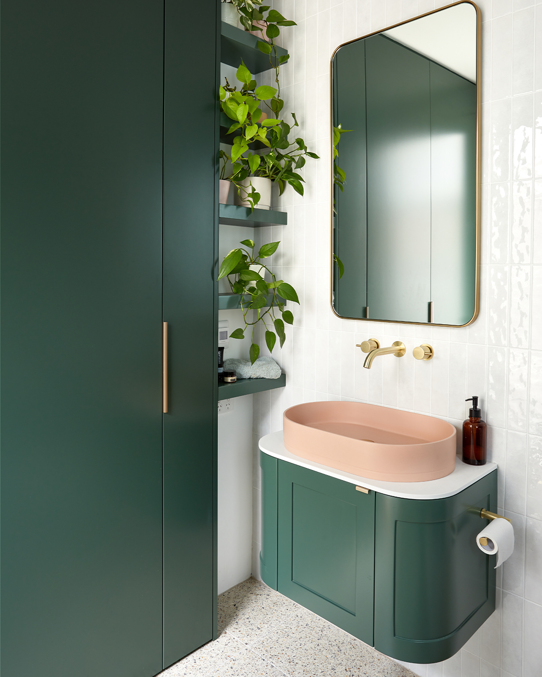 Nood Co Pill Concrete Basin in Blush Pink, installed in a finished bathroom