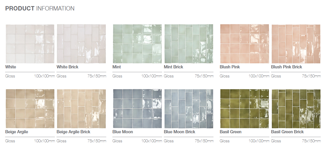 Manacor Series Spanish Handmade Wall Tile in Mint ( Sage Green ), Basil, Moon, Beige, Pink & White, Gloss finish