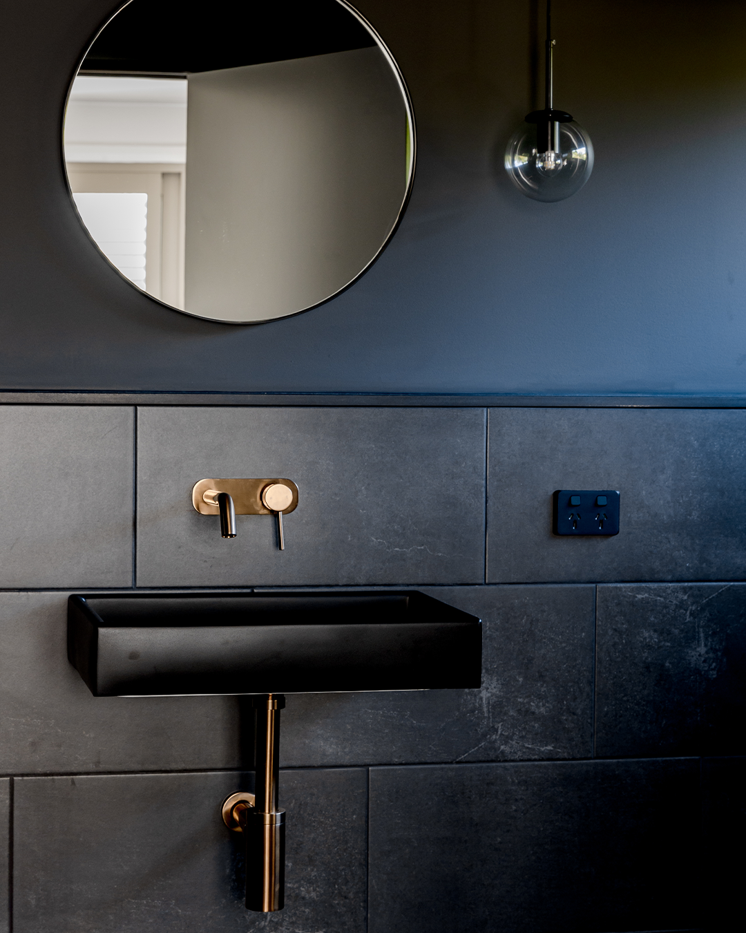 Nood Co Box Concrete Basin in Charcoal, installed in a finished bathroom (3)