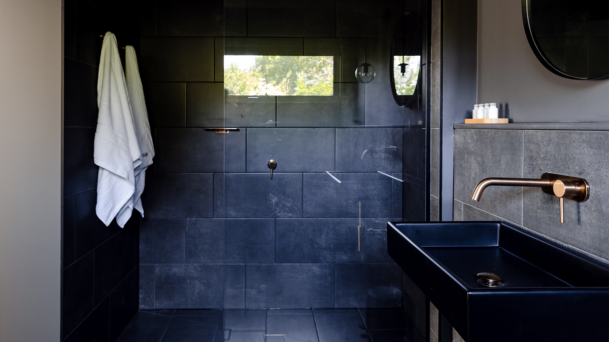 Nood Co Box Concrete Basin in Charcoal, installed in a finished bathroom (6)