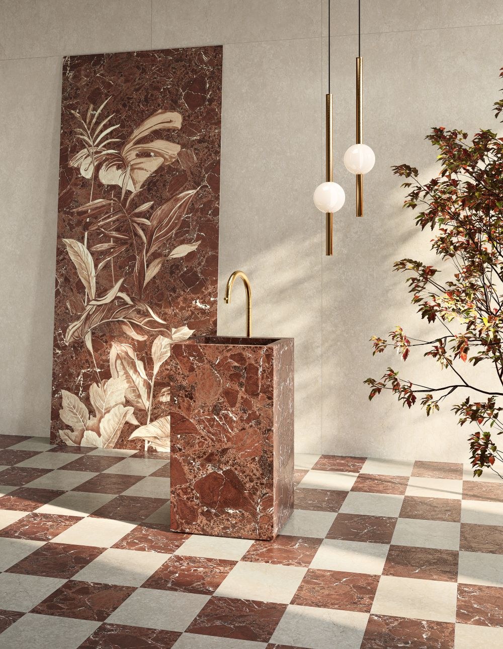 Patina Garnet Red porcelain checkerboard floor and basin, bathroom setting