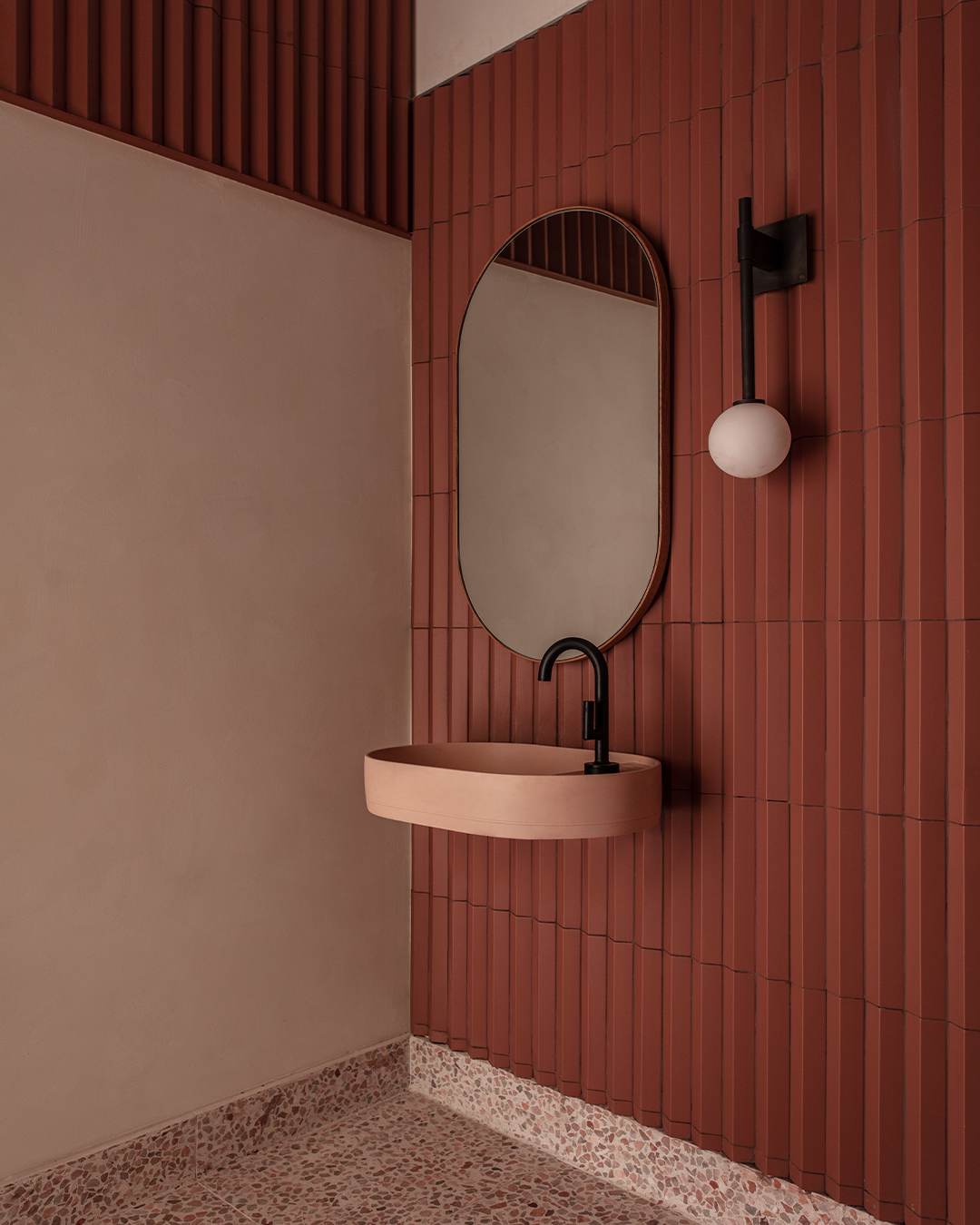 Nood Co Shelf Oval Concrete Basin in Blush Pink, installed in a finished bathroom (2)