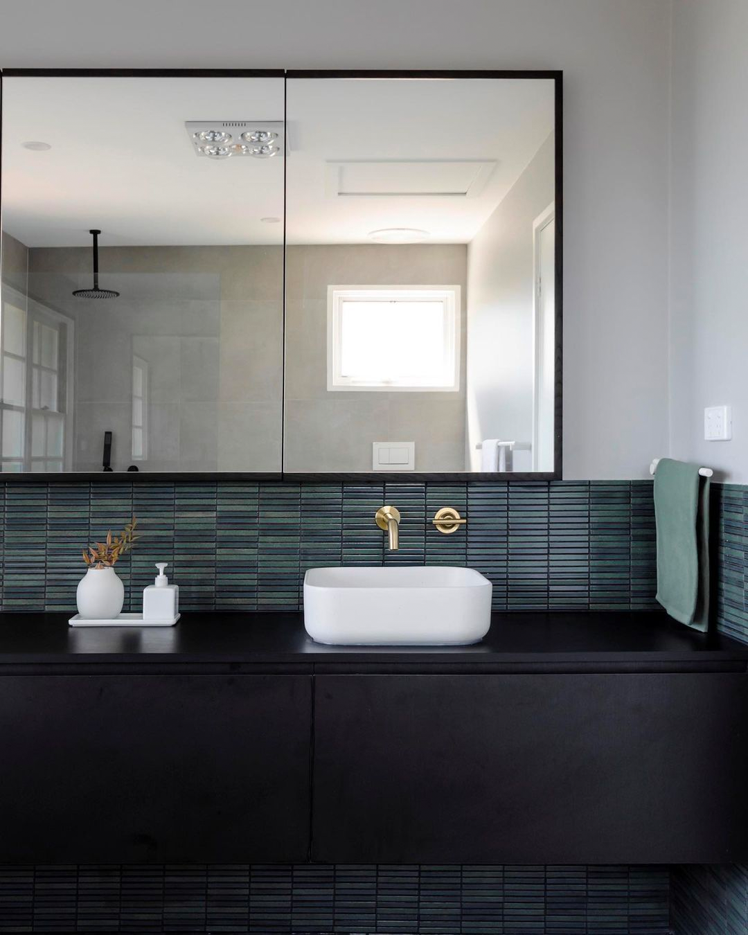 Nood Co Cube Concrete Basin in Ivory, installed in a finished bathroom