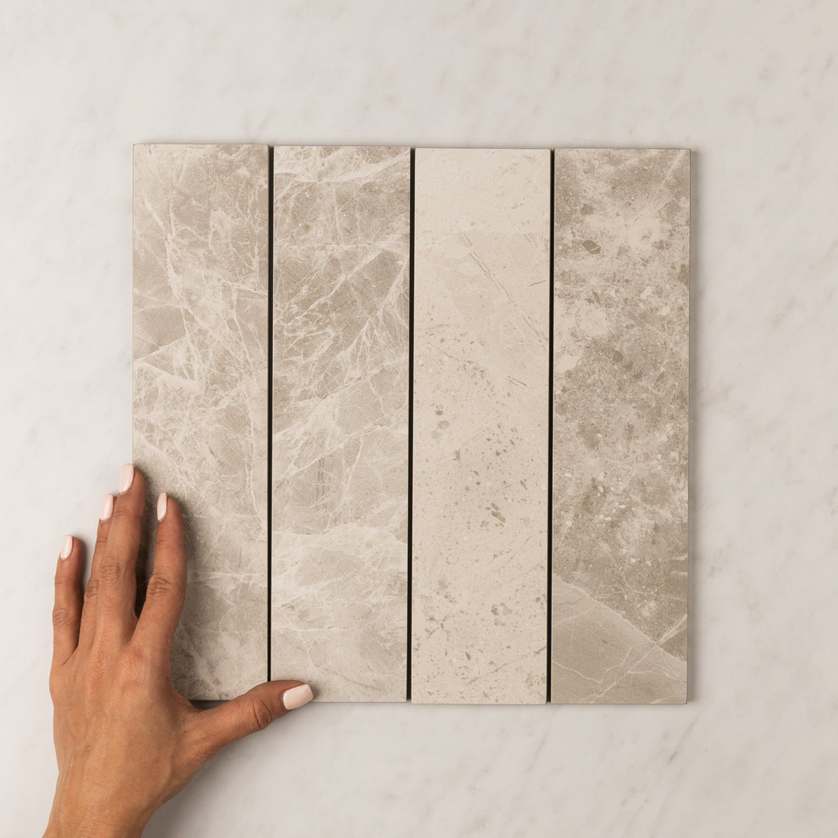 Tundra Marble Look Subway Tile 75x300mm in Grey, Matt finish