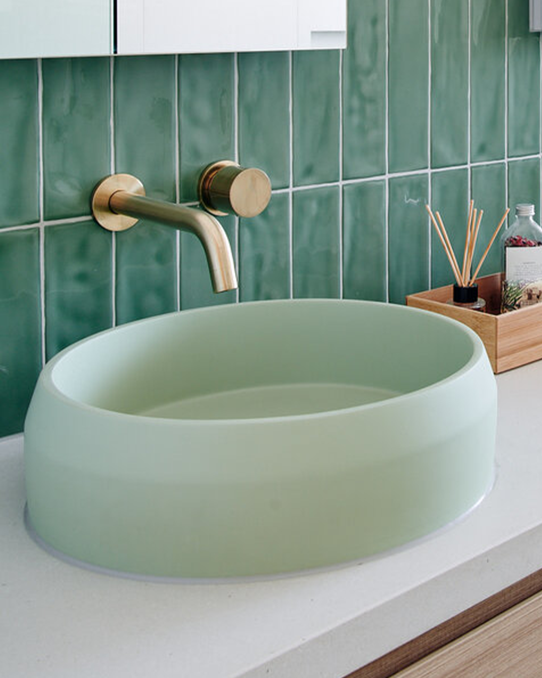 Nood Co Funl Concrete Basin in Mint, installed in a finished bathroom