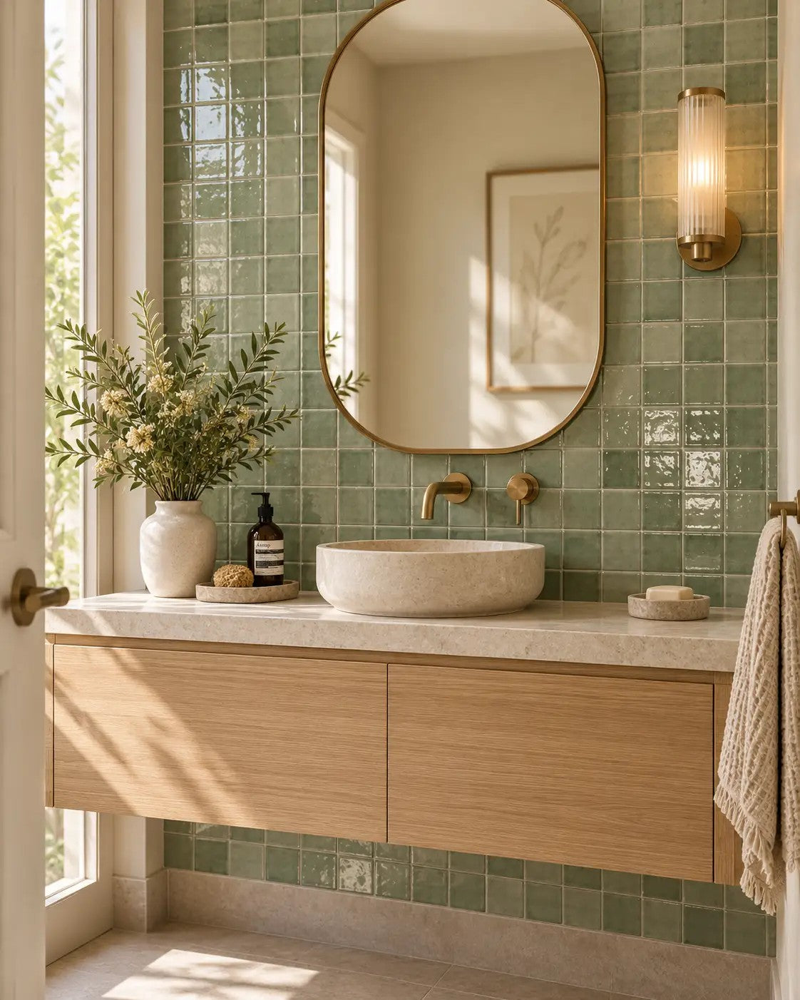 Zellige Square Green gloss mosaic bathroom vanity wall
