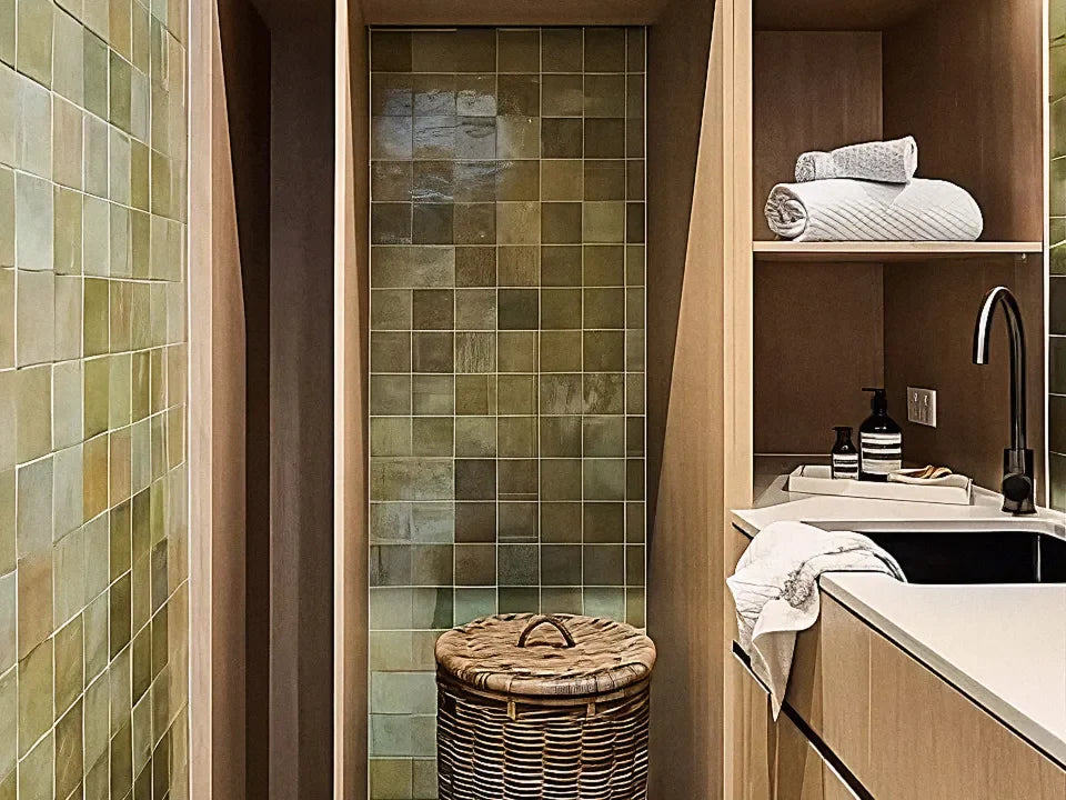 Concord project shower niche in green gloss Windermare subway tiles with timber joinery