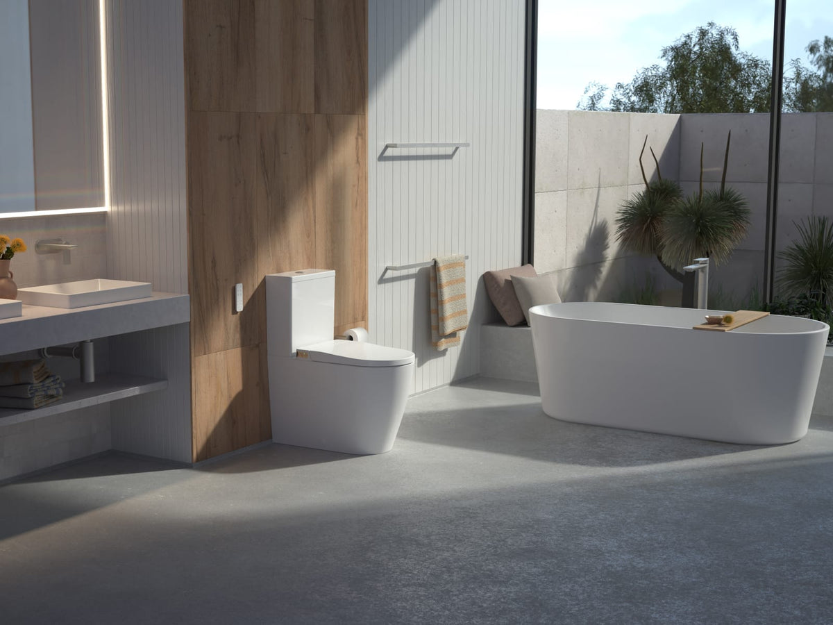 Wall faced toilet suite beside a freestanding bath in a timber and stone bathroom