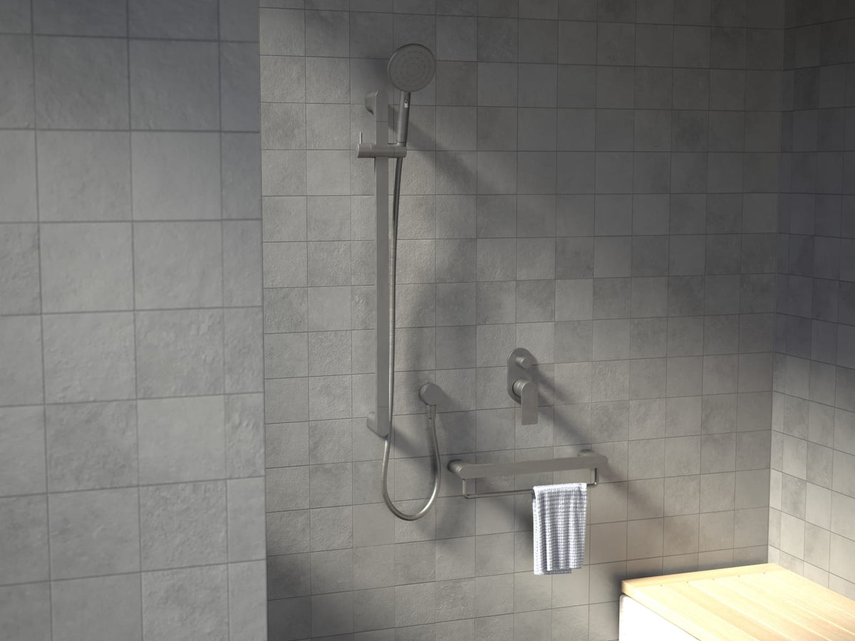 Shower arm and rail shower with grab rail on grey tiles